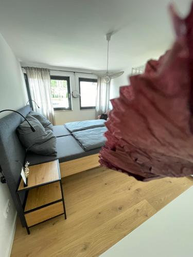 a bedroom with a bed and a red blanket on the floor at Mit gutem Gefühl ferienwohnen in Ballingshausen