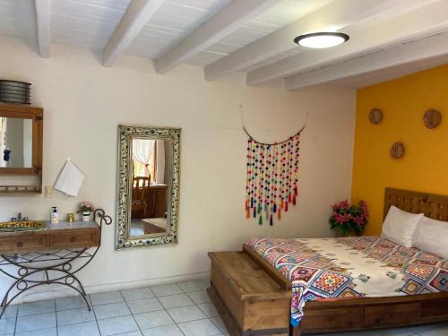 a bedroom with a bed and a mirror at Cálida habitación a 10 min de Santo Domingo in Oaxaca City
