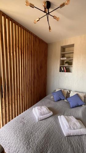 um quarto com uma cama com duas almofadas em Karmelowy Apartment em Zator