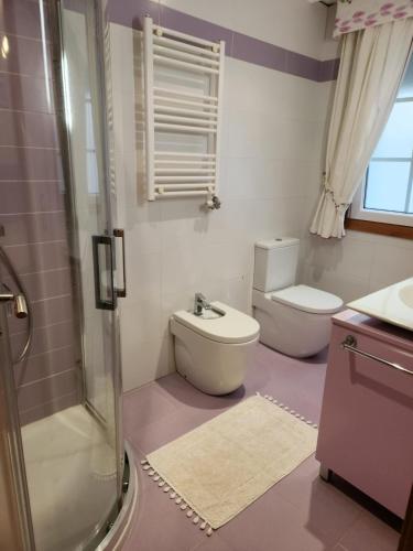 a bathroom with a toilet and a sink and a shower at Casa Auga Boa Bajo in Cangas de Morrazo