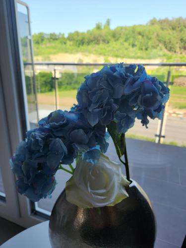 a vase filled with blue and white flowers on a table at Aaki Apartment Diegten in Diegten
