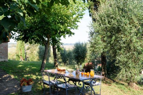 a table with fruit on it in a garden at Agriturismo Quarantallina in Buonconvento