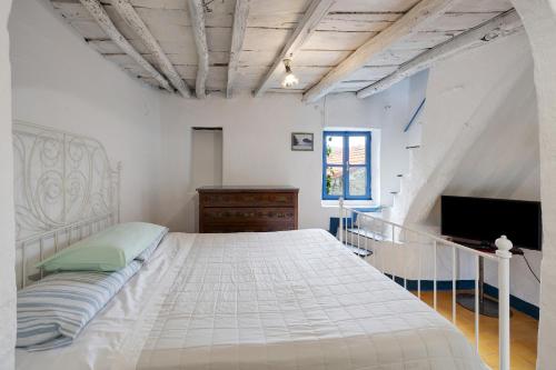 ein weißes Schlafzimmer mit einem Bett und einem TV in der Unterkunft Villa Luisa in Vezzi Portio