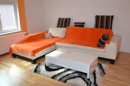 een woonkamer met een bed met een oranje deken bij Apartma ob potoku in Luče