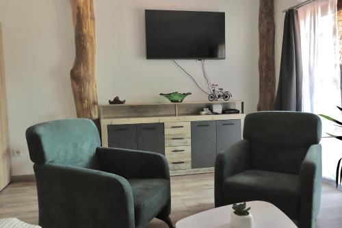 a living room with two chairs and a flat screen tv at MaRéJa Vendégház in Hortobágy