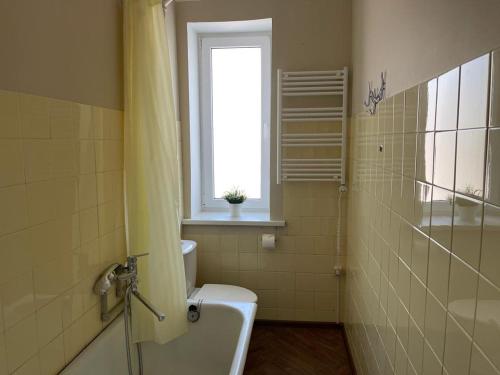 uma casa de banho com uma banheira, um WC e uma janela. em Dzīvoklis Raiņa ielā 57 em Liepāja