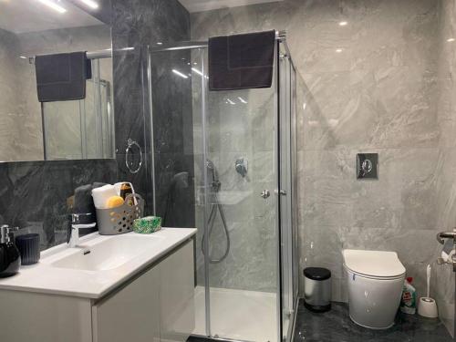 a bathroom with a shower and a sink and a toilet at Spacious lovely apartment in Mġarr 1 in Mġarr