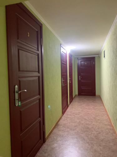 an empty hallway with two brown doors and green walls at Mega city in Kyiv