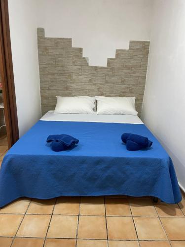 a bed with two blue pillows on top of it at Ginevra house in Naples