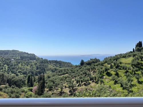 a view of a hill with trees and the ocean at Villa Long View in Avliótai