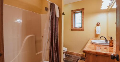 a bathroom with a shower and a sink and a toilet at Paradise View Log Cabin in Nashville