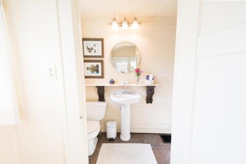 uma casa de banho com um lavatório, um WC e um espelho. em Artist Lane Cottage em Nashville