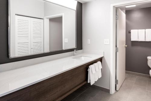 a bathroom with a sink and a large mirror at Courtyard by Marriott Charlotte Ballantyne in Charlotte