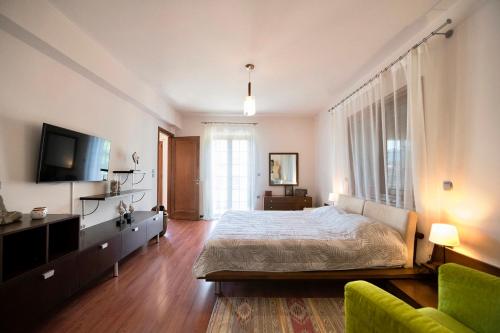 Anthemis Luxury Villa في كاليمنوس: غرفة نوم بسرير وتلفزيون وأريكة
