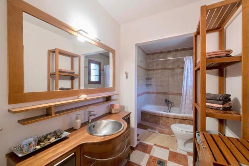 a bathroom with a sink and a toilet and a mirror at Anthemis Luxury Villa in Kalymnos
