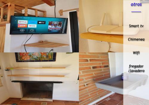 un collage di quattro foto di una stanza con tv di Mini Casa Colibri a Mazamitla