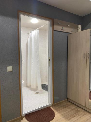 uma casa de banho com uma porta de vidro que leva a um chuveiro em Eka's House em Tbilisi