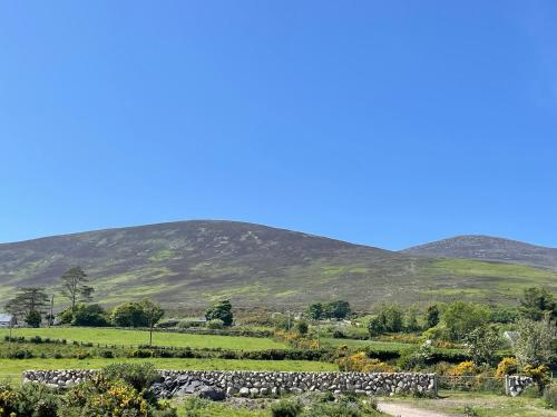 a field with a hill in the background with a stone wall at Forget-me-not Holidays in Annalong
