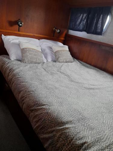 uma cama com cabeceira e almofadas de madeira em Une nuit sur l'eau à bord de l'IDEAAL em Nevers