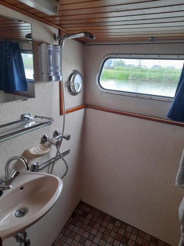 uma casa de banho com um lavatório e uma janela num comboio em Une nuit sur l'eau à bord de l'IDEAAL em Nevers