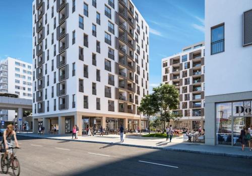 a rendering of a city street with buildings at Donaublick Oasis: Stylische Wohnung in Vienna