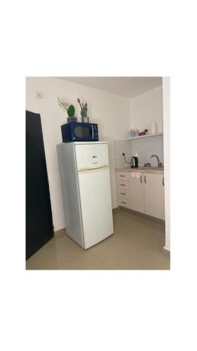 eine Küche mit einem weißen Kühlschrank und einer Theke in der Unterkunft יחידת נופש בעמק המעינות in Bet Scheʼan