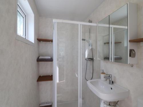 La salle de bains est pourvue d'une douche et d'un lavabo. dans l'établissement Modern chalet in Grou with a spacious garden in a beautiful location, à Grou