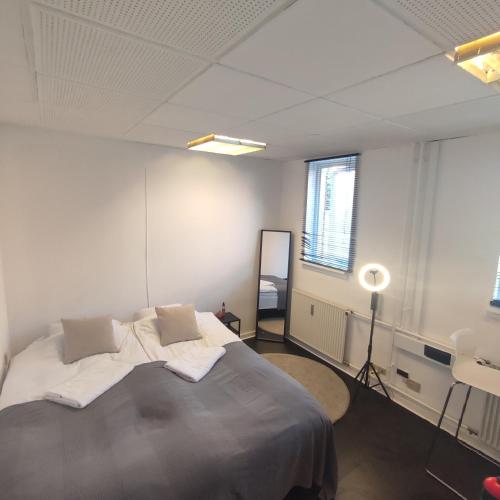 een slaapkamer met een bed, een lamp en een raam bij Functional studio/room Copenhagen in Kopenhagen