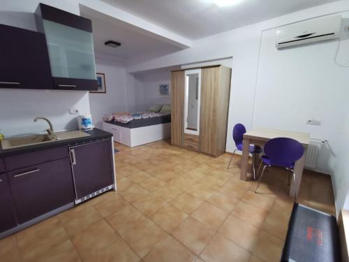 a room with a kitchen and a table and a bed at Fitness House with garden in Constanţa