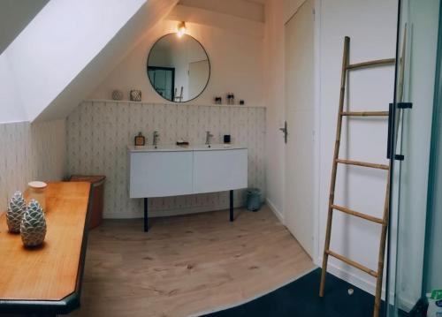 une salle de bain avec un lavabo et un miroir dans l'établissement Villa Mon Rêve 12 pers à 500m de la plage, à Bréhal