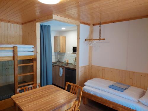 a small room with a table and a bed and a kitchen at ZÁTOKA Živohošť - Chaty in Chotilsko