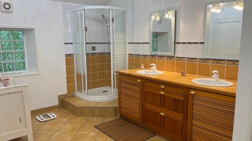 une salle de bain avec deux lavabos et une douche dans l'établissement Maison de maître. Calme, WIFI, Cour fermée., à Feuquières-en-Vimeu