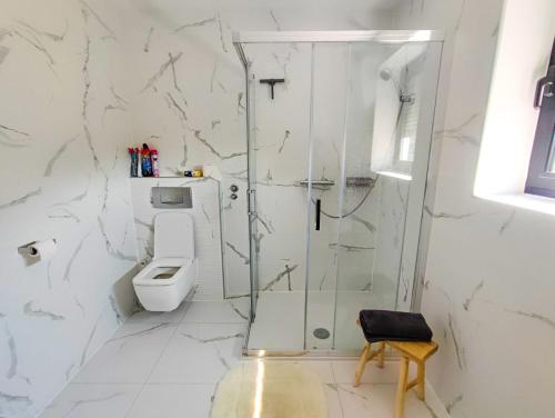 a white bathroom with a shower and a toilet at Ferienwohnung Marin - neu in Kastav