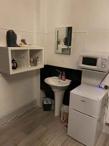 a small bathroom with a sink and a microwave at McCoinnich Rooms in Dundee