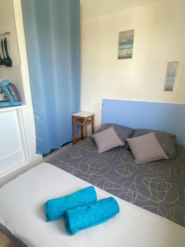 une chambre avec un lit avec deux oreillers bleus dessus dans l'établissement Le Past 43 - Fibre wifi - Proche Centre ville & Gare, à Troyes