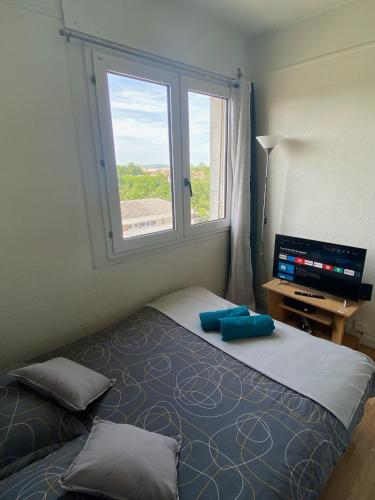 - une chambre avec un lit, une fenêtre et une télévision dans l'établissement Le Past 43 - Fibre wifi - Proche Centre ville & Gare, à Troyes