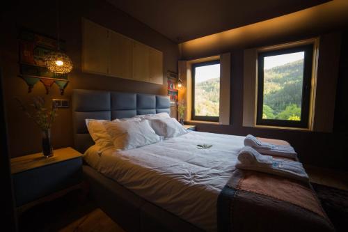 ein Schlafzimmer mit einem großen Bett und zwei Fenstern in der Unterkunft Rio Moment's in Castelo de Paiva