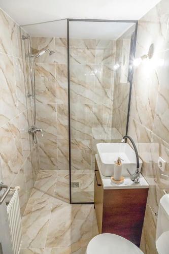 a bathroom with a shower and a toilet and a sink at Casa dintre dealuri in Rozavlea
