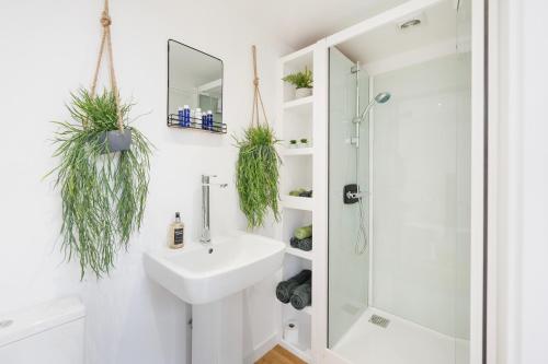 a bathroom with a sink and shower with plants on the wall at The Pod at Avonwood House in Corston