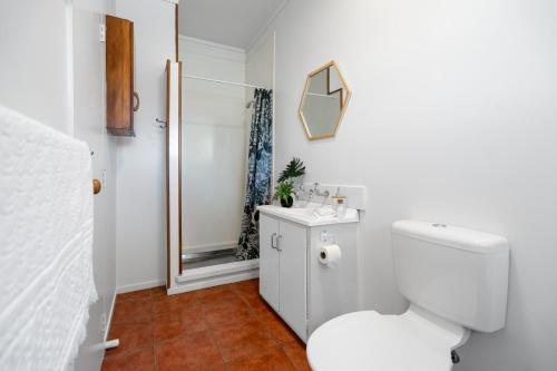 a bathroom with a white toilet and a mirror at Seaside Chalet Papamoa in Papamoa