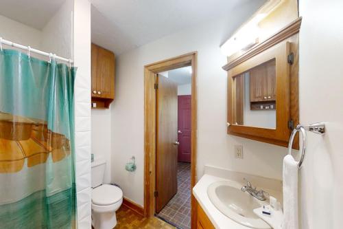 a bathroom with a sink and a toilet at The Little Brick Cottage in Myrtle Beach