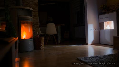 a dark room with a fire burning in a fireplace at Entire House in Schwarzwald with mountain view, private Sauna, Gym, Garden and Terraces in Unterkirnach