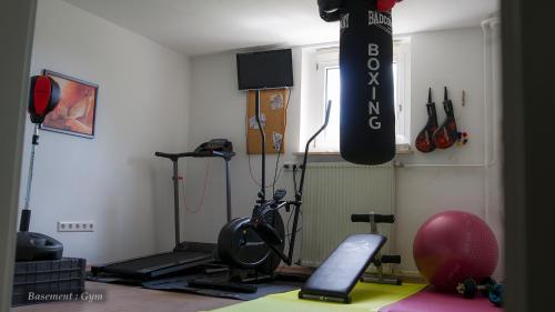 a room with a gym with weights and exercise equipment at Entire House in Schwarzwald with mountain view, private Sauna, Gym, Garden and Terraces in Unterkirnach