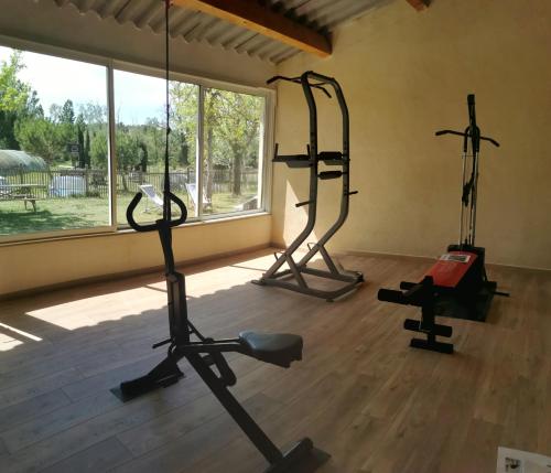 einen Fitnessraum mit zwei Laufbändern in einem Zimmer in der Unterkunft Le Pas des Lanciers in Mallemort
