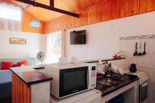 a kitchen with a microwave on top of a counter at Chalé das Carpas in Penedo
