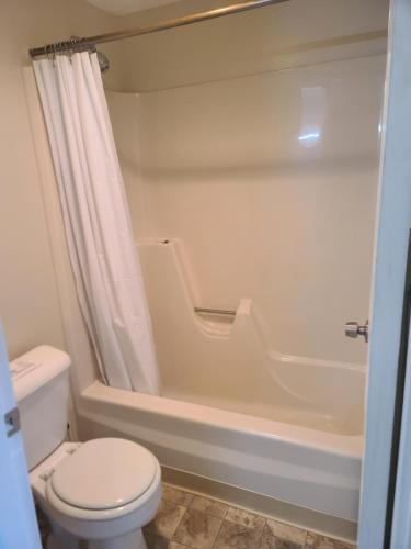 a bathroom with a toilet and a bath tub at Lake Shore Farm Inn in Northwood