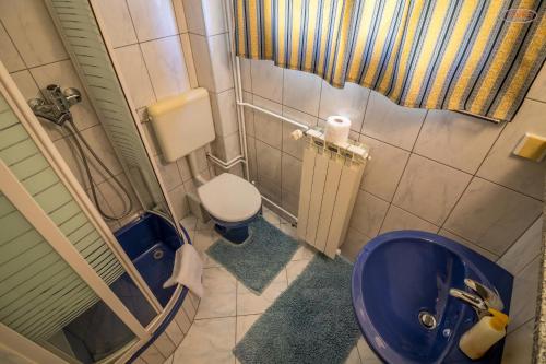een badkamer met een blauwe wastafel en een toilet bij Apartments by the sea Supetarska Draga - Gornja, Rab - 21380 in Rab