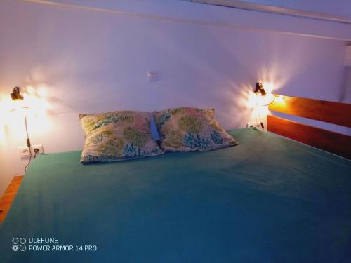a bedroom with a bed with two pillows and two lights at Beach House à Terre de Haut in Terre-de-Haut