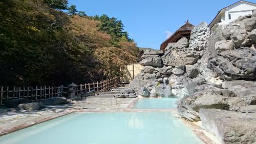 a swimming pool with a rock wall and blue water at Ryokan Tamagoyu in Machi-niwasaka