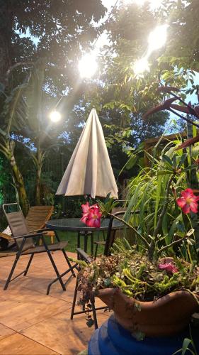 a patio with a table and chairs and a potted plant at Pequeno Paraíso in Foz do Iguaçu